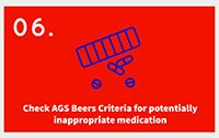 Icon of a medication container and pills with text that reads: Check AGS Beers Criteria for potentially inappropriate medication