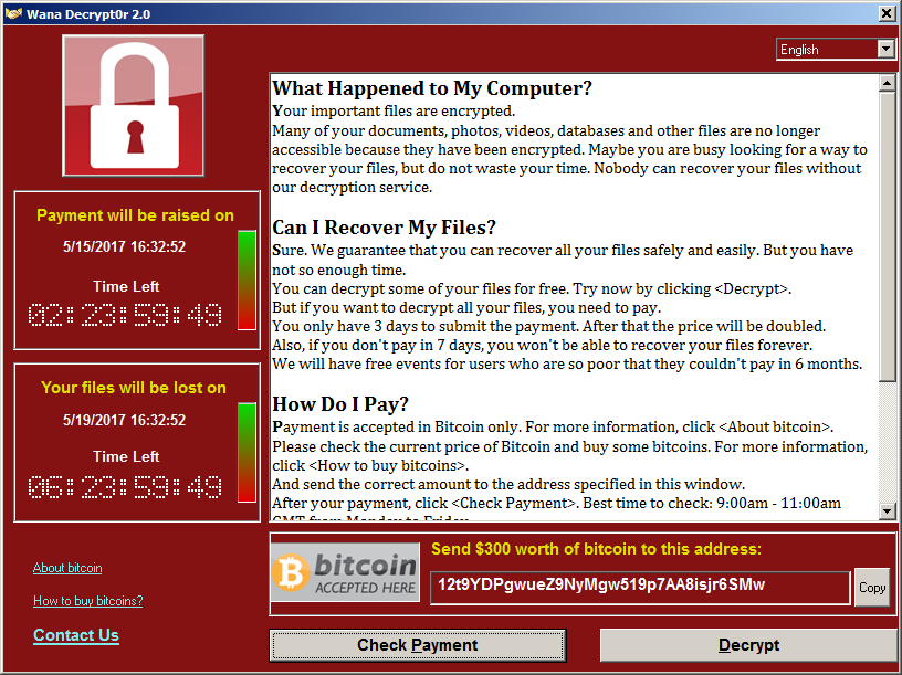 screenshot of wannacry infected page