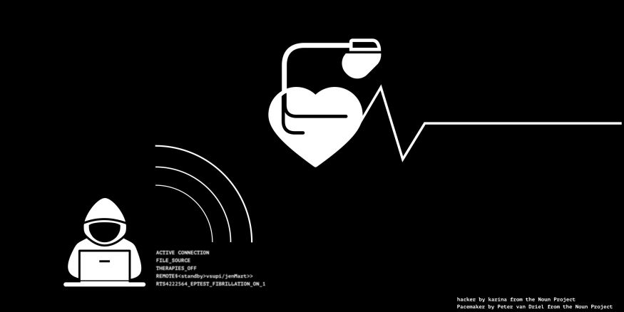 illustration of a hacker hacking a heart medical device