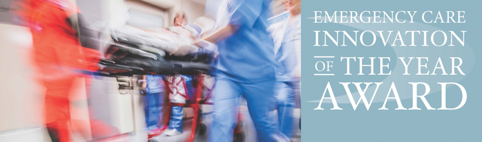 Emergency room scene in-motion, with the text "Emergency Care Innovation of the Year Award" next to it on a blue background
