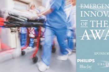 Emergency room scene in-motion, with the text "Emergency Care Innovation of the Year Award" next to it on a blue background